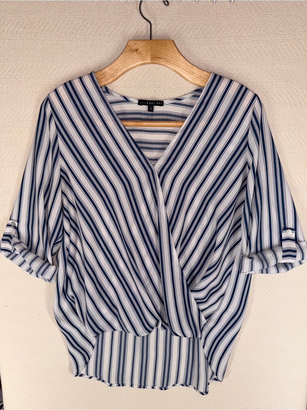 Striped Surplice High Low Blouse Size Small Blue White Coastal Roll Tab Wrap Top